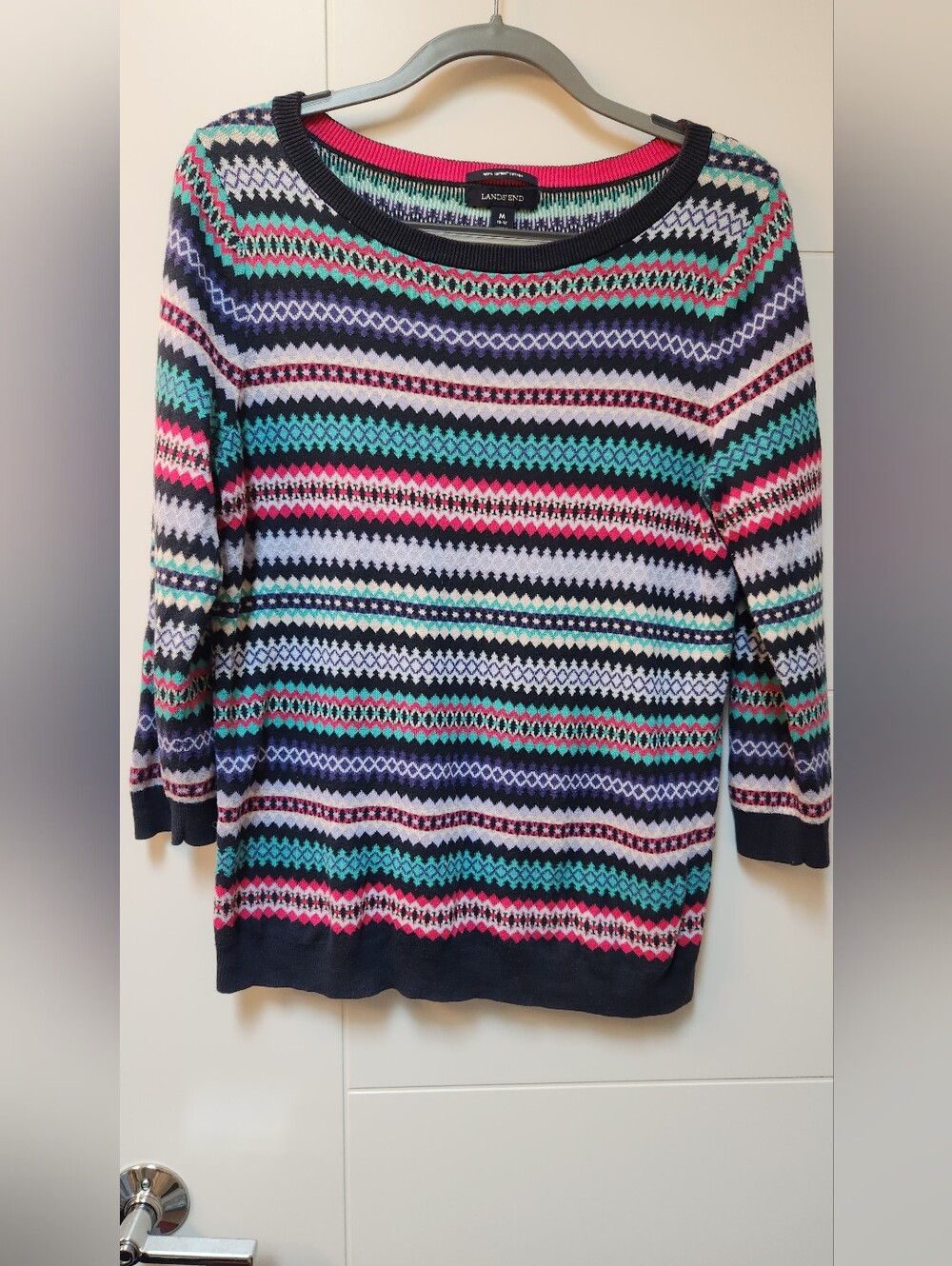 Lands End 3/4 Sleeve Cotton Womens Intricate Striped Sweater - Medium